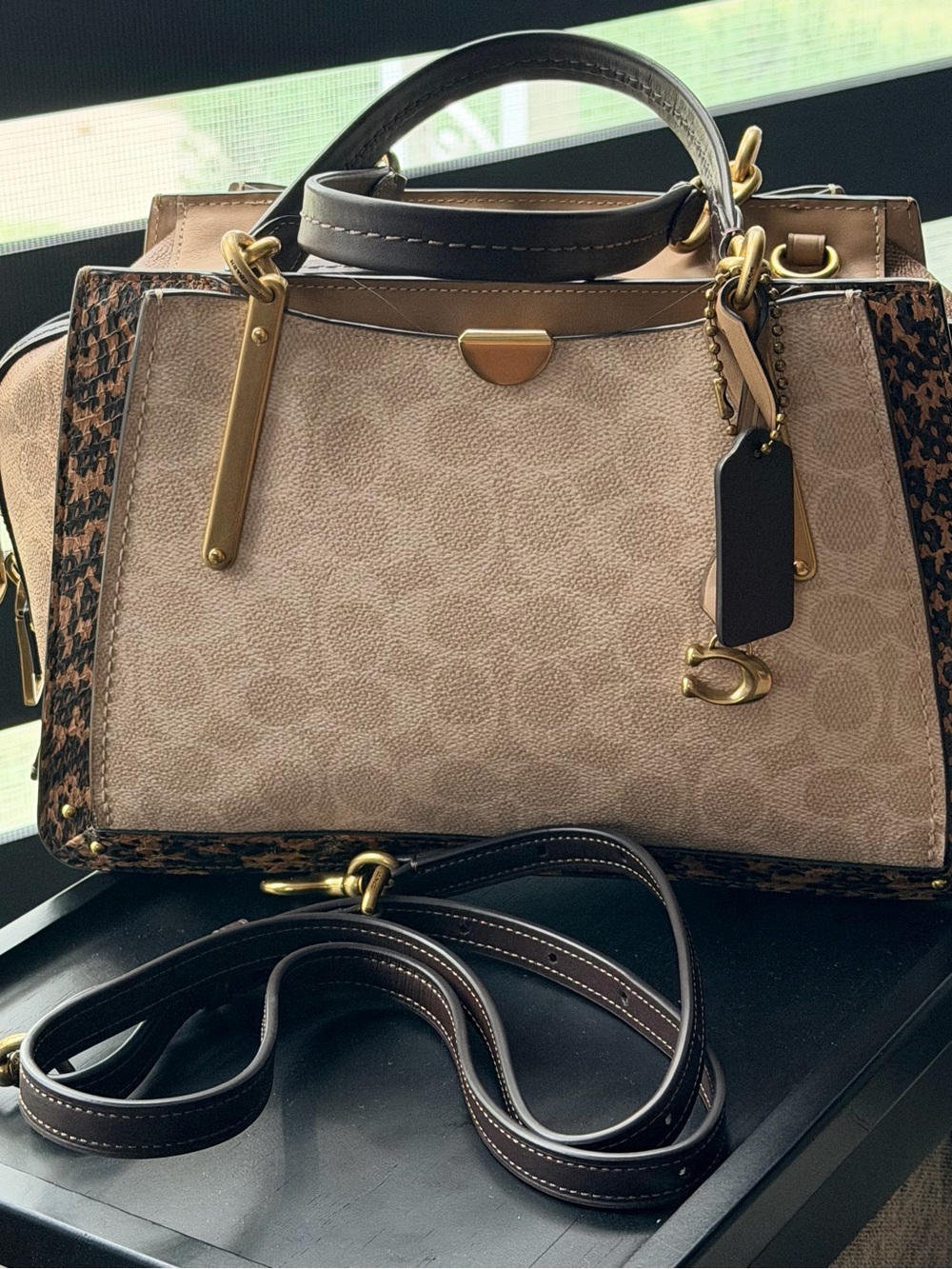 COACH Dreamer 27 Blocked Signature Snakeskin Tan Canvas Satchel Crossbody Purse
